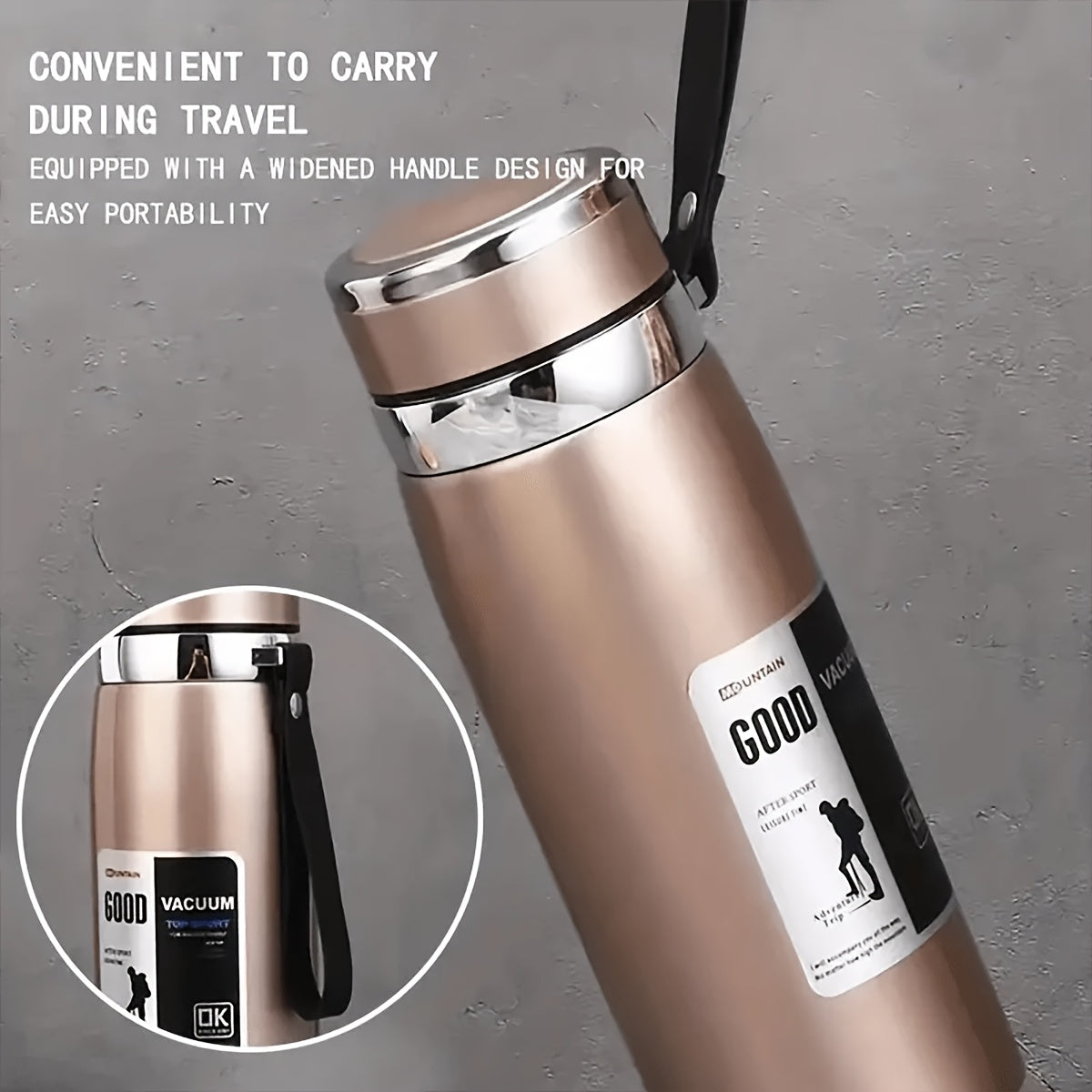 Bouteille d'eau isotherme grande capacité 1 L, gourde sous vide à double paroi en acier inoxydable 316 avec couvercle étanche pour le camping, les voyages, la salle de sport et l'hydratation au quotidien