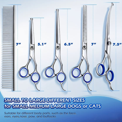 Kit de ciseaux de toilettage professionnels pour animaux 6 en 1 – Acier inoxydable 4CR revêtu de titane, bouts ronds de sécurité, universels pour droitiers et gauchers, ciseaux de toilettage robustes pour chiens, chats et tous les animaux