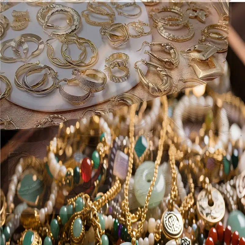 Lot de 50 bijoux vintage pour femme – imitation perle et zircon, motifs cœur, papillon, étoile et lune, boucles d'oreilles, collier, bracelet et bague, idéal pour les fêtes, les vacances et les cadeaux