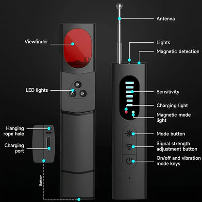Détecteur de caméra cachée et scanner de signal RF anti-espion – Détecteur de mouchards, traceurs GPS et dispositifs d'écoute, balayeur de sécurité multifonction portable et rechargeable pour les voyages, l'hôtel, la maison, le bureau, la voiture