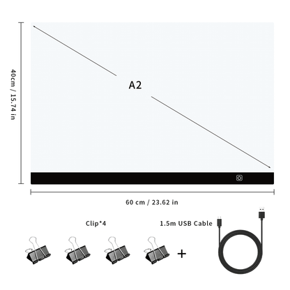Tablette lumineuse de traçage LED A2 – Table lumineuse ultra-fine à contrôle tactile variable pour peinture au diamant, croquis, animation, transfert de tatouage et streaming, alimentée par USB, LED respectueuses des yeux, compatible Mac/PC | Velora