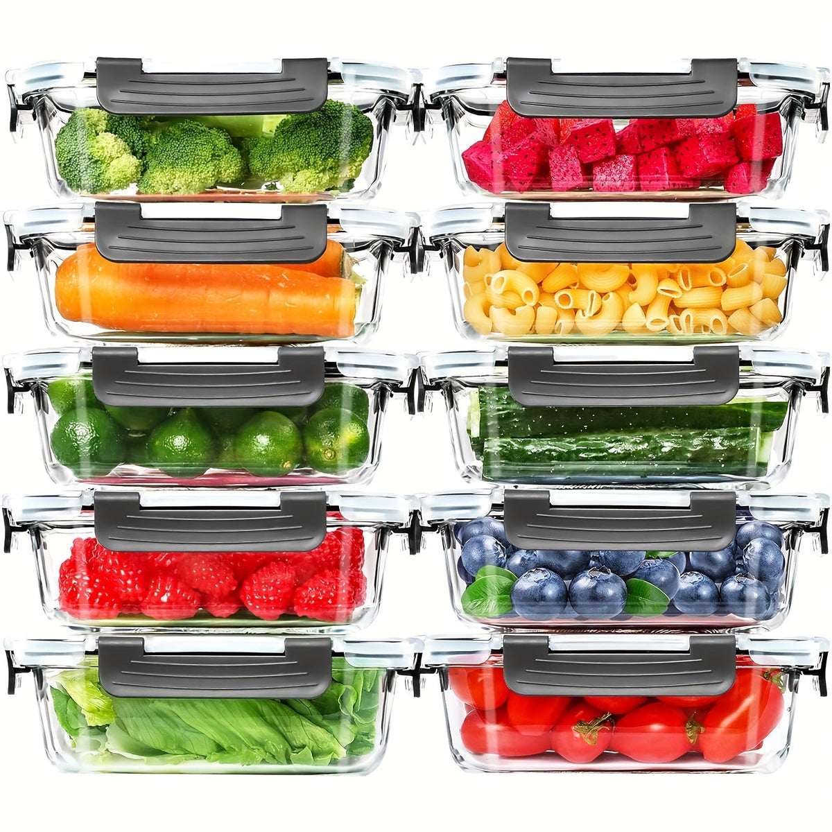 Lot de 20 récipients de préparation de repas en verre de 650 ml avec couvercles hermétiques – 10 récipients en verre et 10 couvercles, conservation alimentaire hermétique pour le déjeuner, le garde-manger et la cuisine – Boîtes à bento en verre sans BPA