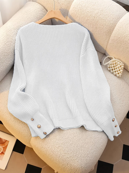 Women's V-Neck Ribbed Sweater Long Sleeve Pullover with Faux Button Detail - Elegant Casual Knitwear for Fall Winter Office Daily Wear Machine Washable