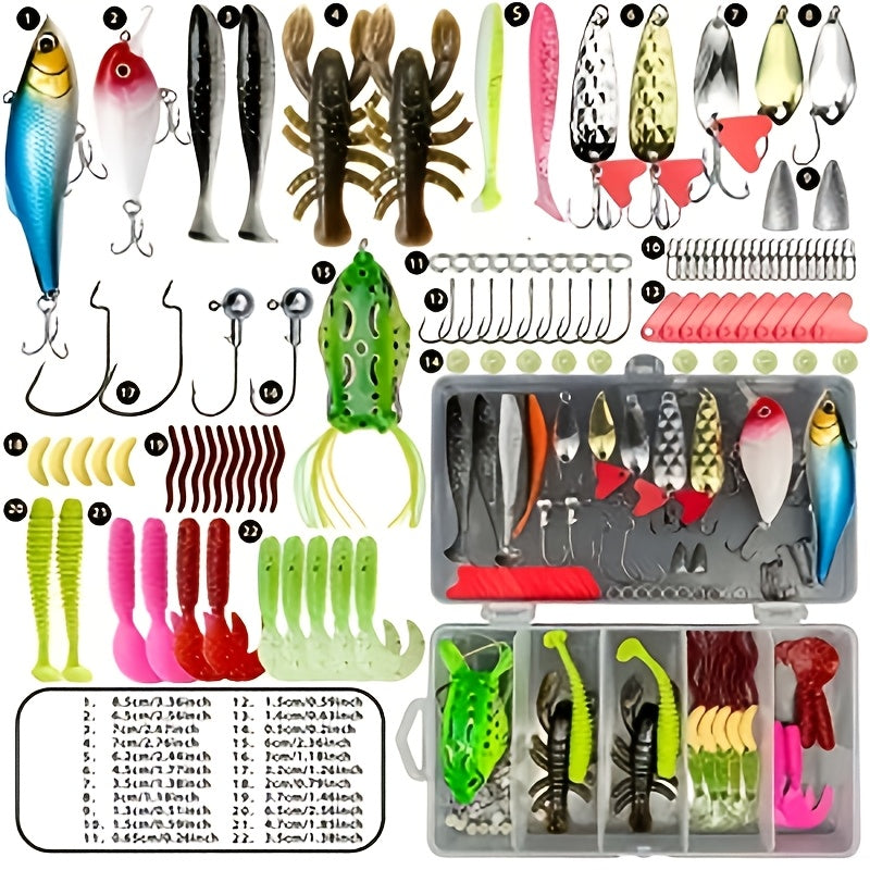Kit de pêche de 133 pièces avec cuillers, leurres articulés, têtes plombées, plombs, hameçons et boîte de rangement – Ensemble complet pour débutants en eau douce pour la pêche au bar, à la truite et aux poissons-pan.