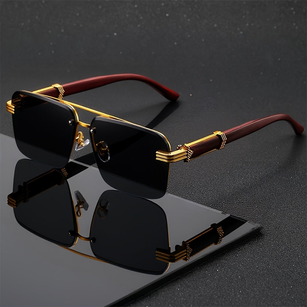Lunettes de vue homme semi-cerclées style affaires – Monture en métal légère avec embouts de branches effet bois, lunettes fantaisie sans correction pour le bureau, la conduite, les voyages et le quotidien