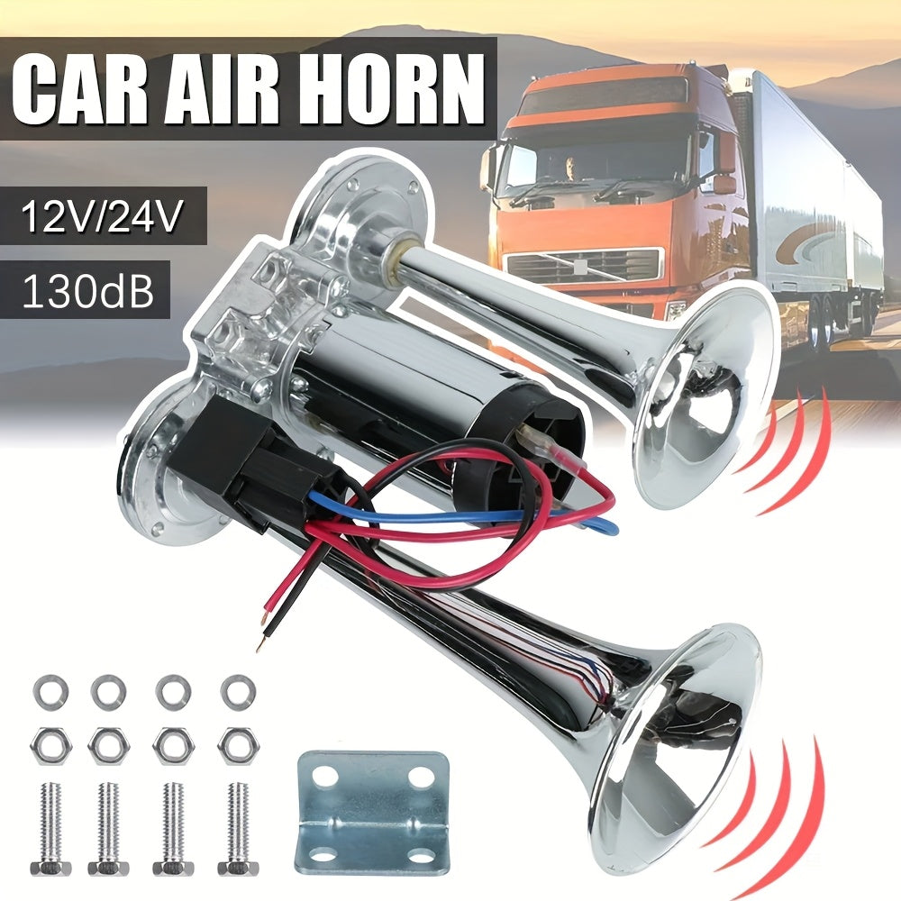 Avertisseur sonore double tube ultra-puissant 130 dB 12 V/24 V – Alliage d'aluminium avec compresseur, installation rapide pour camions, SUV, motos, bateaux et véhicules tout-terrain