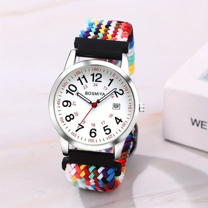 Montre de sport à quartz analogique avec grand cadran à calendrier et bracelet en nylon tressé – Montre-bracelet ronde à lecture facile avec cadran 24 heures pour hommes et femmes, bracelet élastique réglable et souple, 4 styles