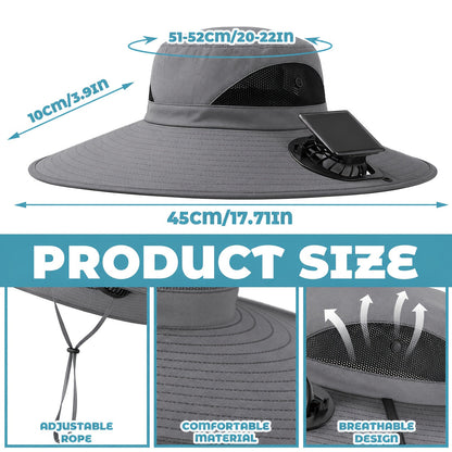 Chapeau de soleil à larges bords avec ventilateurs solaires – 2 ventilateurs solaires intégrés, vitesse du vent réglable, maille respirante, chapeau d'extérieur anti-UV avec mentonnière pour la pêche, le camping et les voyages