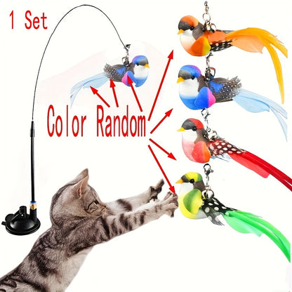 Jouet canne à pêche pour chat avec oiseau simulateur et base à ventouse - Ensemble interactif avec plumes et clochette pour l'exercice et le jeu en solitaire, sans pile, jouet d'intérieur pour chaton et chat