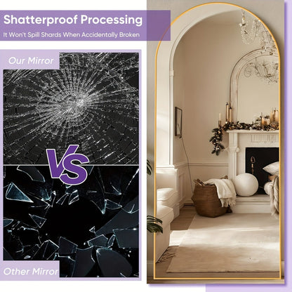 Miroir sur pied pleine longueur à sommet cintré – Miroir plein corps avec support pour chambre, salon et dressing, peut être fixé au mur, disponible en 3 tailles et 2 coloris (noir et doré)