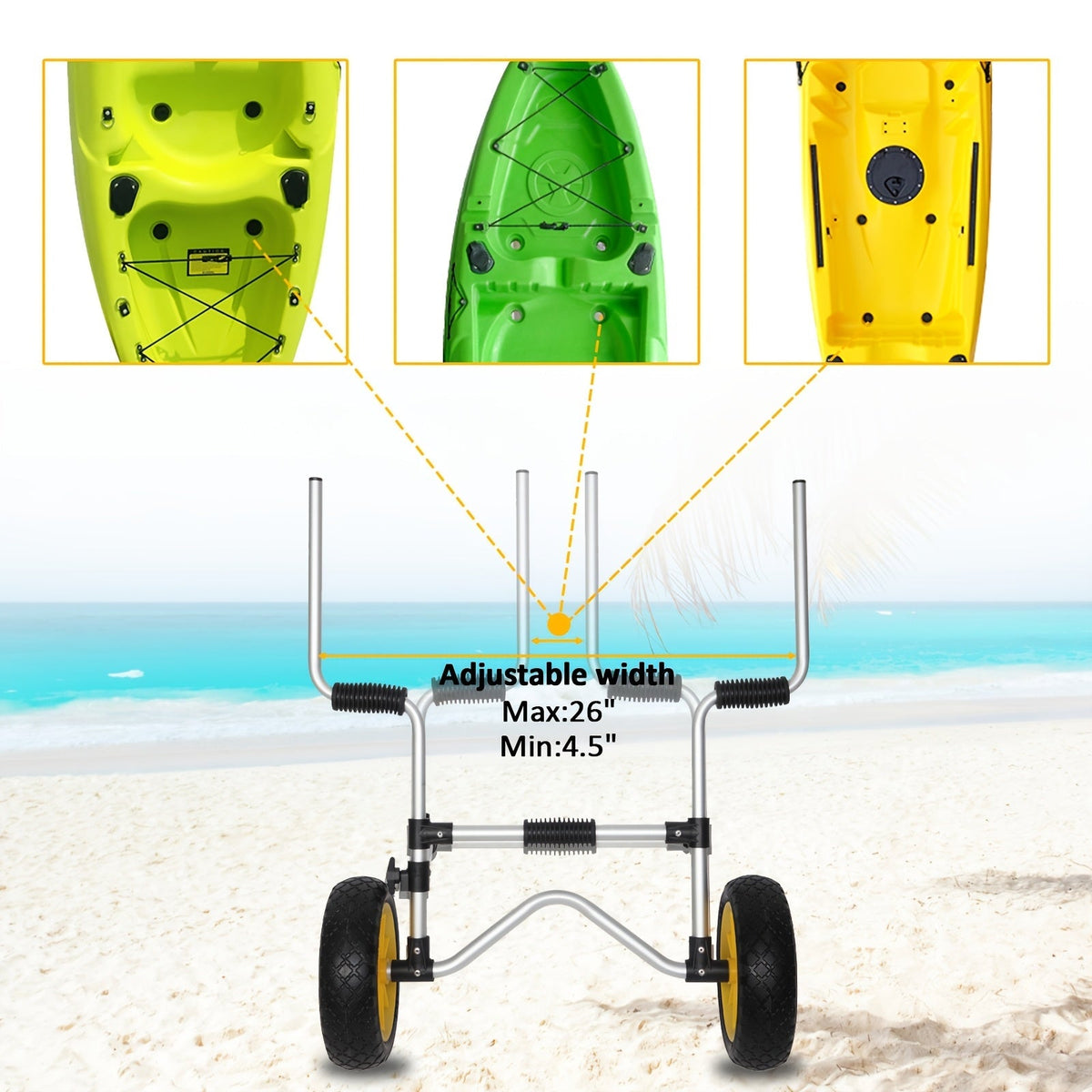 Chariot de transport pour kayak pliable Bonnlo en alliage d'aluminium moulé avec roues pleines de 10 po – Convient aux canoës, planches à pagaie, bateaux à fond plat, tapis flottants et embarcations
