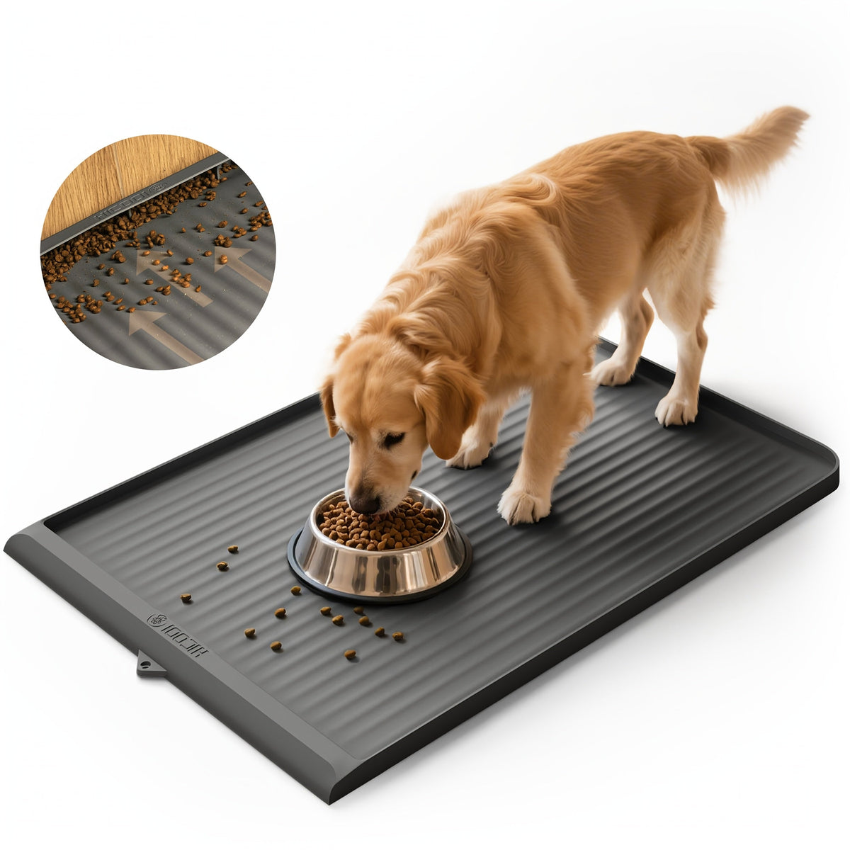 Tapis d'alimentation imperméable pour animaux 91 x 61 cm – Grand tapis antidérapant pour nourriture pour chien et chat – Bords surélevés, rainures de dérivation, facile à nettoyer, tapis de gamelle pour nourriture et eau, gris