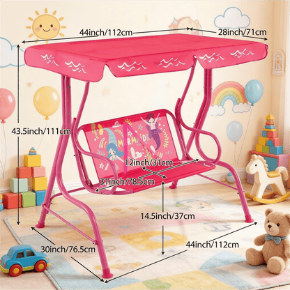 Balançoire de jardin pour enfants, 2 places, avec auvent réglable, ceintures de sécurité et structure en métal pour patio, cour, jardin ou balcon, 3 ans et plus, capacité de 82 kg