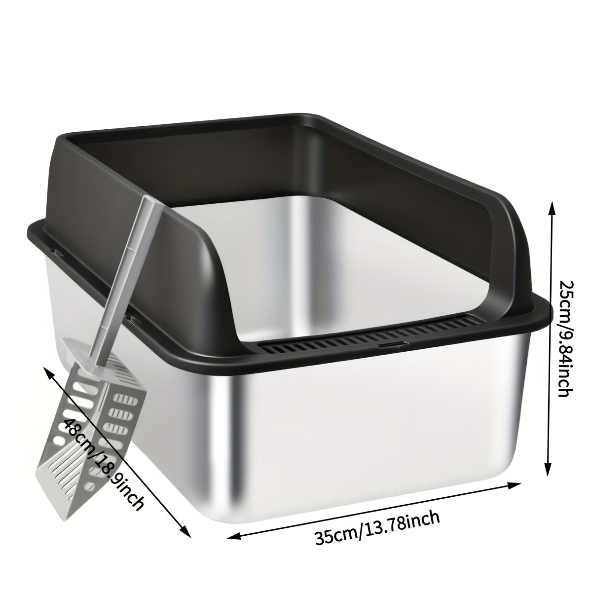 Bac à litière pour chat en acier inoxydable à bords hauts, bac anti-fuites avec pelle et plateau de tamisage, résistant à la rouille, anti-odeurs, anti-adhésif, facile à nettoyer, toilettes pour chats d'intérieur, taille moyenne à grande