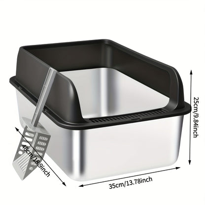 Bac à litière pour chat en acier inoxydable à bords hauts, bac anti-fuites avec pelle et plateau de tamisage, résistant à la rouille, anti-odeurs, anti-adhésif, facile à nettoyer, toilettes pour chats d'intérieur, taille moyenne à grande