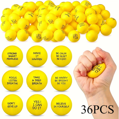 Lot de 18 ou 36 mini balles anti-stress avec citations motivantes de 4 cm, jouets à presser pour récompenses scolaires, cadeaux de fête, Pâques, printemps, rentrée des classes ou cadeaux d'équipe de bureau, rose, rouge, bleu, vert, jaune