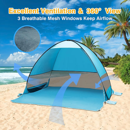 Tente de plage pop-up pour 2-3 personnes, abri solaire portable avec protection UV et revêtement argenté anti-UV, auvent de camping facile à monter avec sac de transport et piquets pour la plage, la pêche, la randonnée et le jardin, bleu et vert
