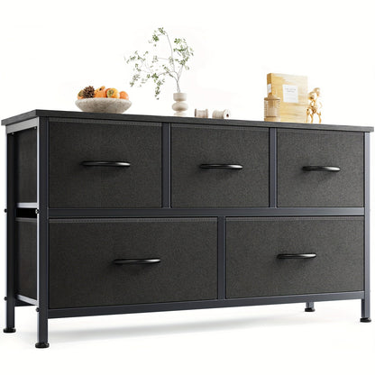 Caisson de rangement latéral à 5 tiroirs avec cadre en métal et dessus en bois – Organisateur de bureau industriel, 3 tiroirs supérieurs + 2 tiroirs inférieurs, rangement ouvert, supporte une télévision jusqu'à 45 po – Noir et gris