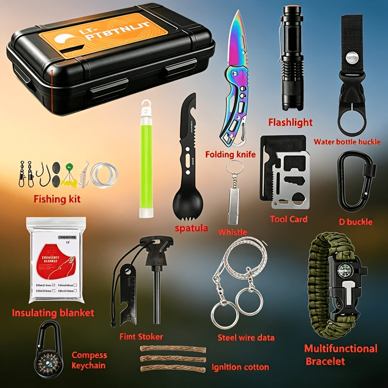 Kit de survie pour homme, ensemble d'équipement d'urgence de 12 à 115 pièces avec pierre à feu et multi-outil pour camping, randonnée, chasse, pêche, aventure en plein air, cadeau pour papa ou mari
