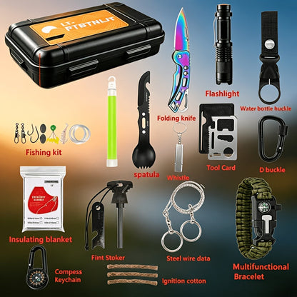 Kit de survie pour homme, ensemble d'équipement d'urgence de 12 à 115 pièces avec pierre à feu et multi-outil pour camping, randonnée, chasse, pêche, aventure en plein air, cadeau pour papa ou mari