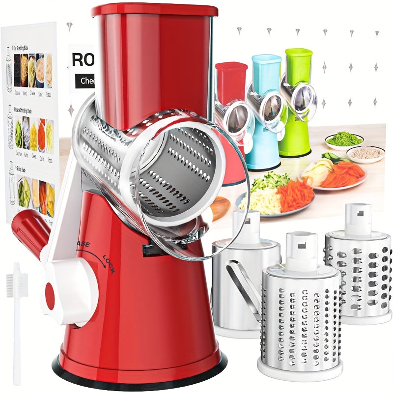Râpe à fromage rotative manuelle avec 3 lames interchangeables - Base à ventouse antidérapante, brosse de nettoyage incluse, pour fromage frais, légumes et noix, cadeau d'ustensile de cuisine