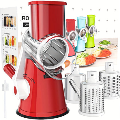 Râpe à fromage rotative manuelle avec 3 lames interchangeables - Base à ventouse antidérapante, brosse de nettoyage incluse, pour fromage frais, légumes et noix, cadeau d'ustensile de cuisine