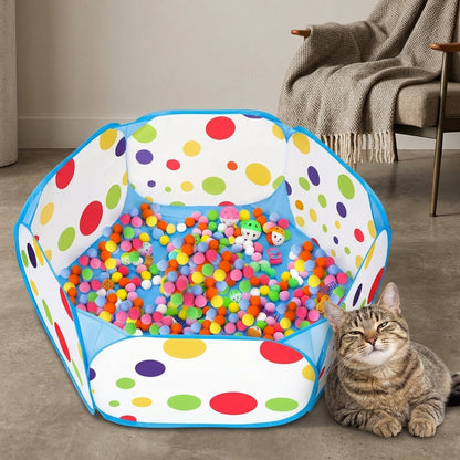Ensemble de jouets interactifs pour chat avec 110 balles - 100 balles de jeu et 10 balles à grelot avec parc pour chat, kit de divertissement et d'exercice pour chat d'intérieur, assortiment de balles aux couleurs aléatoires (ensemble avec parc)