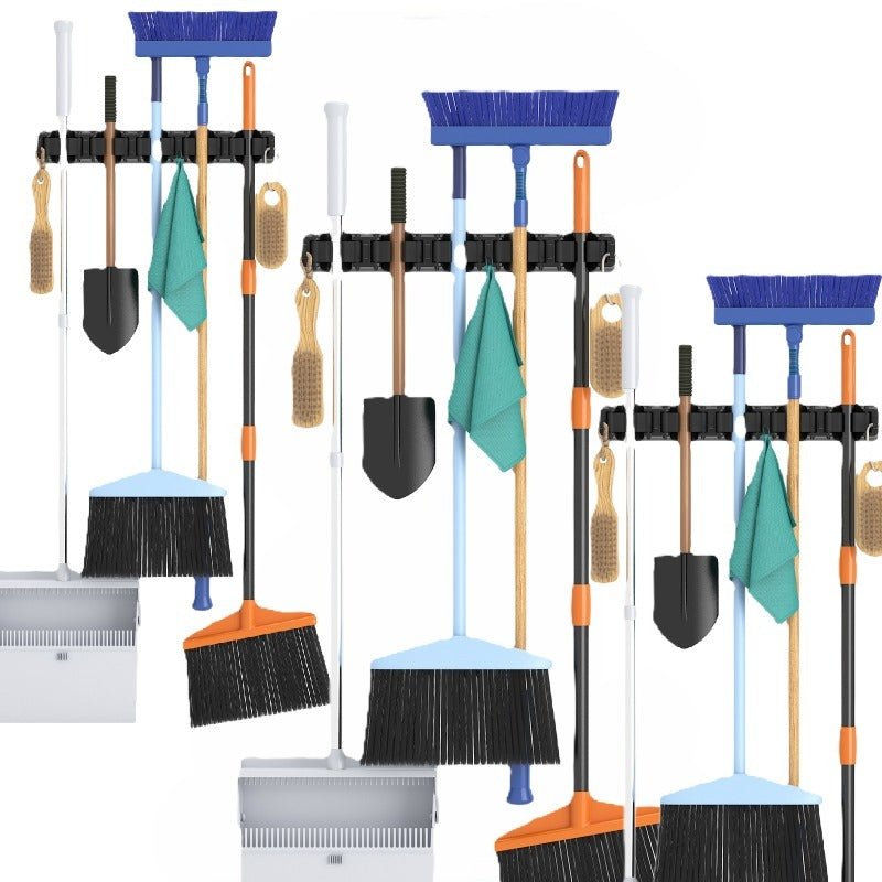 Support mural pour balais et serpillères, 5 emplacements et 6 crochets, organiseur robuste antidérapant pour outils de nettoyage, idéal pour la maison, le garage, la cuisine, la buanderie ou le bateau – Installation facile sur toute surface