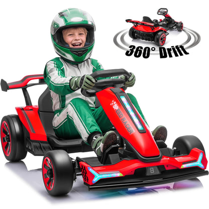 24V Electric Kids Go-Kart Drift Cart 360 Degree Drift Mode High Speed Racing with Soft Start Music Safety Belt Metal Frame Dual Brake for Boys Girls Ages 6 and Up Birthday Christmas Gift Black White Red Orange Silver