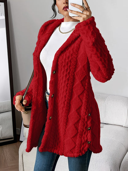 Women's Jacquard Plush Hooded Cardigan Coat – Warm Fuzzy Open Front Sweater Jacket for Autumn Winter