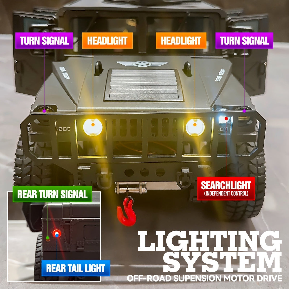 Véhicule militaire tout-terrain radiocommandé à échelle réelle C8835 pour adultes - Transmission proportionnelle, vitesse variable, franchissement, éclairage LED multi-modes, 5 portes ouvrantes, accessoires de mitrailleuse et treuil en option