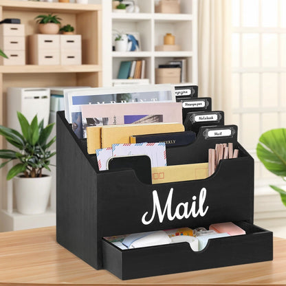Grand organisateur de courrier de bureau en bois massif avec tiroir, 4 compartiments et séparateurs étiquetables pour dossiers, lettres et papier, organisateur de bureau pour bureau à domicile, étudiants et professionnels