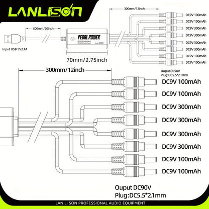 Alimentation isolée à 8 ports pour pédales de guitare avec recharge USB – Sorties CC 9V, 12V, 18V sans bruit pour pédales d'effet et accessoires, compatible avec la plupart des pedalboards