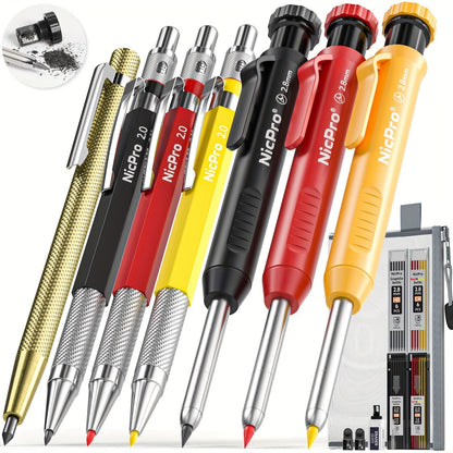 Ensemble de crayons de charpentier avec taille-crayon – Porte-mines avec recharges, pointeau automatique et pointe à tracer au carbure dans un étui robuste, kit de marquage professionnel de 15/16/17/18/27 pièces pour le travail du bois