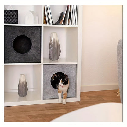 Panier pour chat carré en feutre, pliable et lavable en machine – Maison pour chat semi-fermée de 3 mm d'épaisseur, ne s'affaisse pas, grotte pour chat toutes saisons pour dormir et jouer, 33 x 37 x 33 cm, gris foncé et gris clair