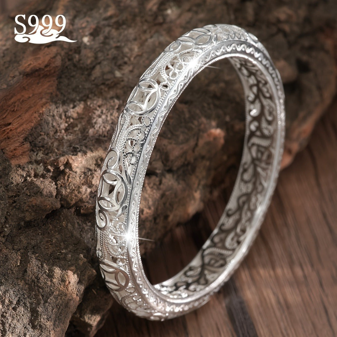 Bracelet jonc en argent pur S999 pour femme – Manchette fermée massive, bijou en argent fin de haute pureté, accessoire de mode élégant et brillant, cadeau idéal pour un anniversaire ou une fête.