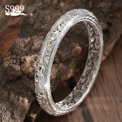 Bracelet jonc en argent pur S999 pour femme – Manchette fermée massive, bijou en argent fin de haute pureté, accessoire de mode élégant et brillant, cadeau idéal pour un anniversaire ou une fête.