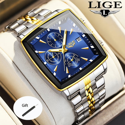Montre à quartz analogique carrée pour homme LIGE – Bracelet en acier inoxydable, affichage du calendrier, montre-bracelet style sport preppy pour hommes et adolescents, 8 options de couleur, cadeau d'anniversaire ou de remise de diplôme bleu noir doré