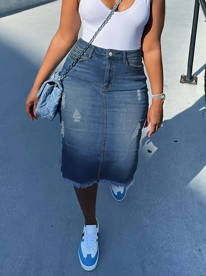 Jupe midi vintage taille haute en jean pour femme – Stretch, ourlet franc, aspect vieilli, lavable en machine, non transparente, bleu océan, tailles XS-XXL, jupe décontractée pour printemps, été et automne