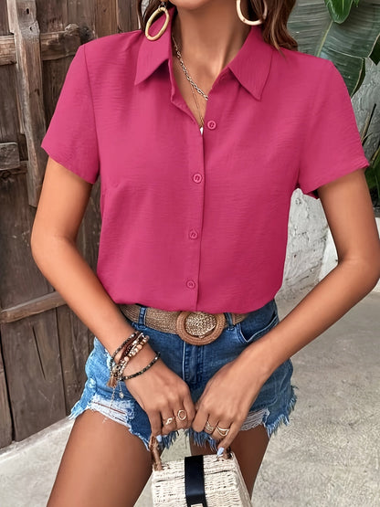 Chemisier élégant à ourlet volanté pour femme, chemise à col boutonné et manches courtes, bleu marine, noir, bordeaux, abricot, rose, printemps, été, automne, décontracté, bureau, haut léger en polyester, XS S M L XL