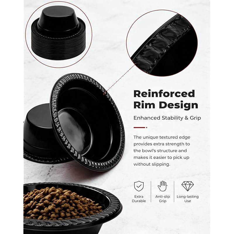 Gamelles jetables pour animaux, lot de 50, 355 ml – Bols ronds en plastique noir pour petits et moyens chiens, voyage, refuge, chenil, extérieur et alimentation d'urgence, empilables, hygiéniques à usage unique