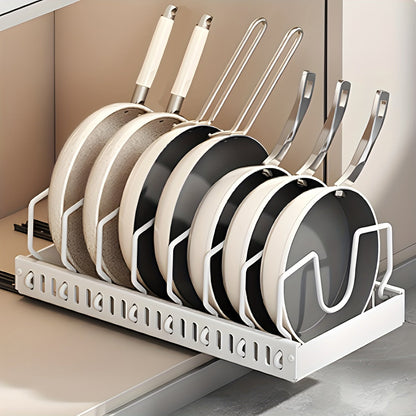 Organisateur de casseroles et poêles coulissant pour placards de cuisine – Rangement coulissant pour couvercles et ustensiles avec 8/16 séparateurs réglables pour couvercles, moules et assiettes, boîte de rangement pour placard, noir ou blanc