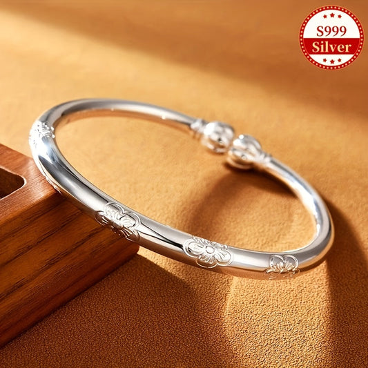 Bracelet tribal en argent sterling S999 pour femme – Jonc simple et élégant à porter au quotidien, pour toutes les saisons, la fête des Mères, un anniversaire et pour offrir en cadeau