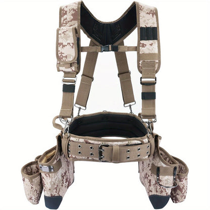 Ceinture porte-outils robuste avec bretelles, ensemble de 5 pièces – Tissu balistique 1680D, pochette de charpentier/constructeur avec porte-téléphone et porte-marteau, convient aux électriciens, couvreurs et entrepreneurs