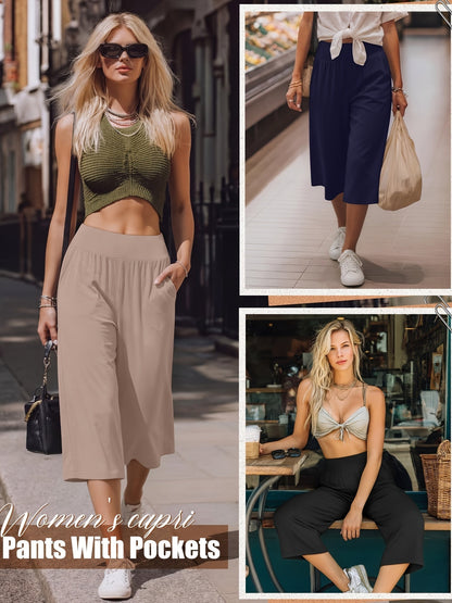 Lot de 3 pantalons Capri pour femme – Pantalons de jogging amples style détente, coupés avec poches et taille élastique, pantalon Capri de yoga pour le printemps, l'été, l'automne et les tenues décontractées du week-end