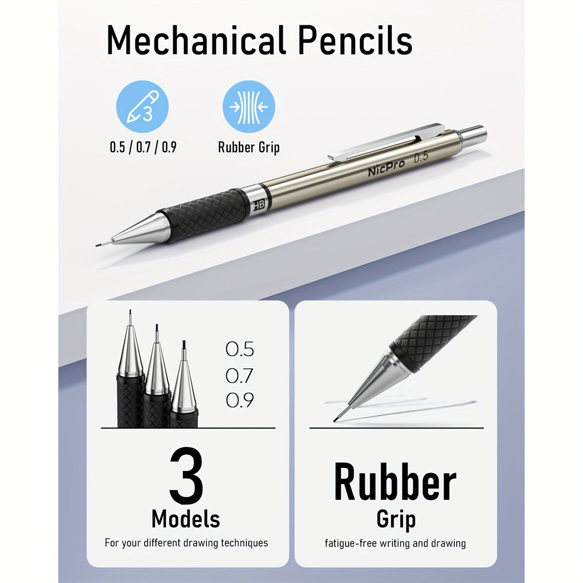 Ensemble de 34 crayons mécaniques artistiques avec étui, 6 crayons de dessin en métal, mines de 0,5 mm, 0,7 mm, 0,9 mm, 2 mm, 19 mines de recharge et gommes pour artistes, croquis et dessin
