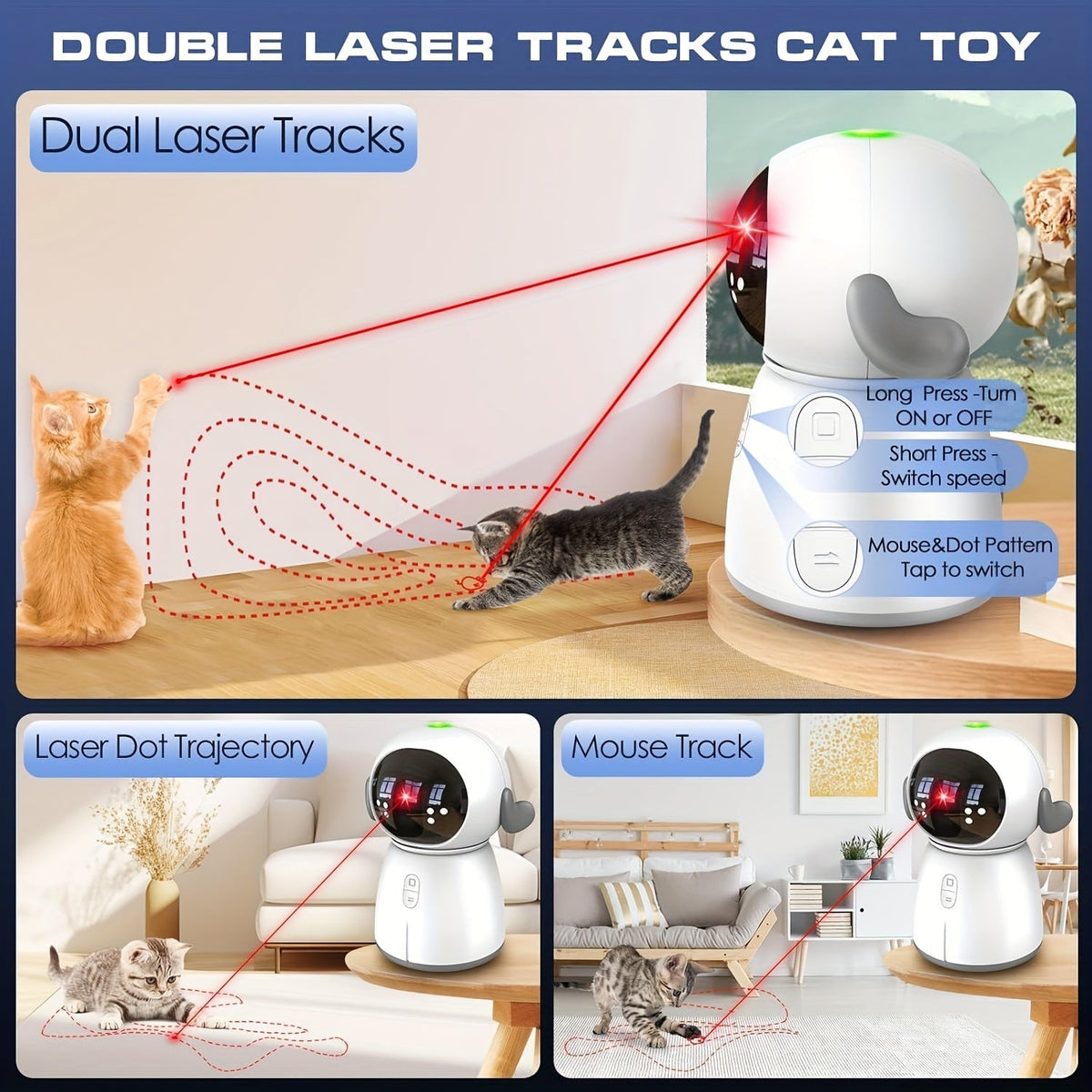 Jouet laser double rechargeable pour chat et chien – Jouet interactif à détection de mouvement automatique avec 3 modes de vitesse, capteur de 4 mètres, tête réglable pour chats, chatons et chiens d'intérieur