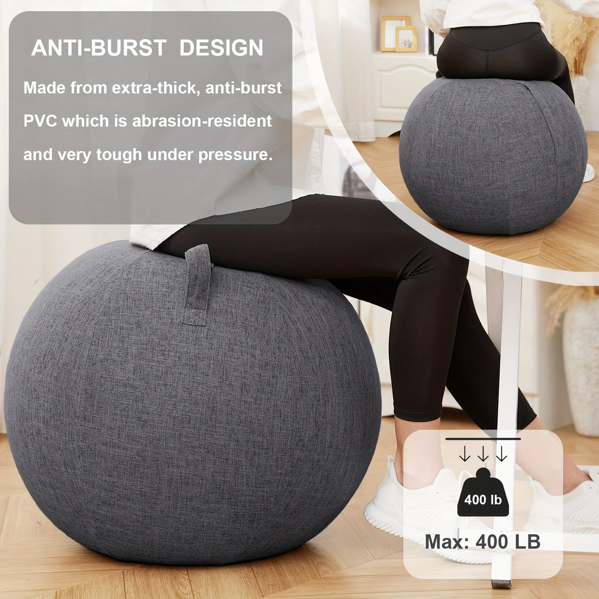 Chaise ballon d'exercice 65 cm avec housse en tissu, ballon de yoga anti-éclatement pour bureau, Pilates, renforcement musculaire, grossesse et accouchement – Améliore la posture et soulage les maux de dos, Gris & Noir
