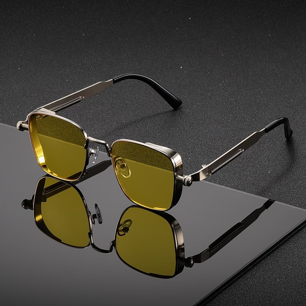 Lunettes de soleil carrées rétro steampunk pour hommes et femmes – Monture en métal vintage, verres dégradés verts, protection UV400, lunettes de fête, streetwear et festival avec étui et chiffon, idée cadeau unique