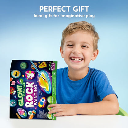 Kit de peinture sur galets phosphorescents pour enfants dès 6 ans – Ensemble complet d'arts créatifs avec 10 galets, 17 peintures, pierres précieuses, pinceaux et autocollants | Jouet créatif STEM pour garçons et filles, cadeau d'anniversaire et de Pâques